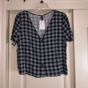 blue plaid button up